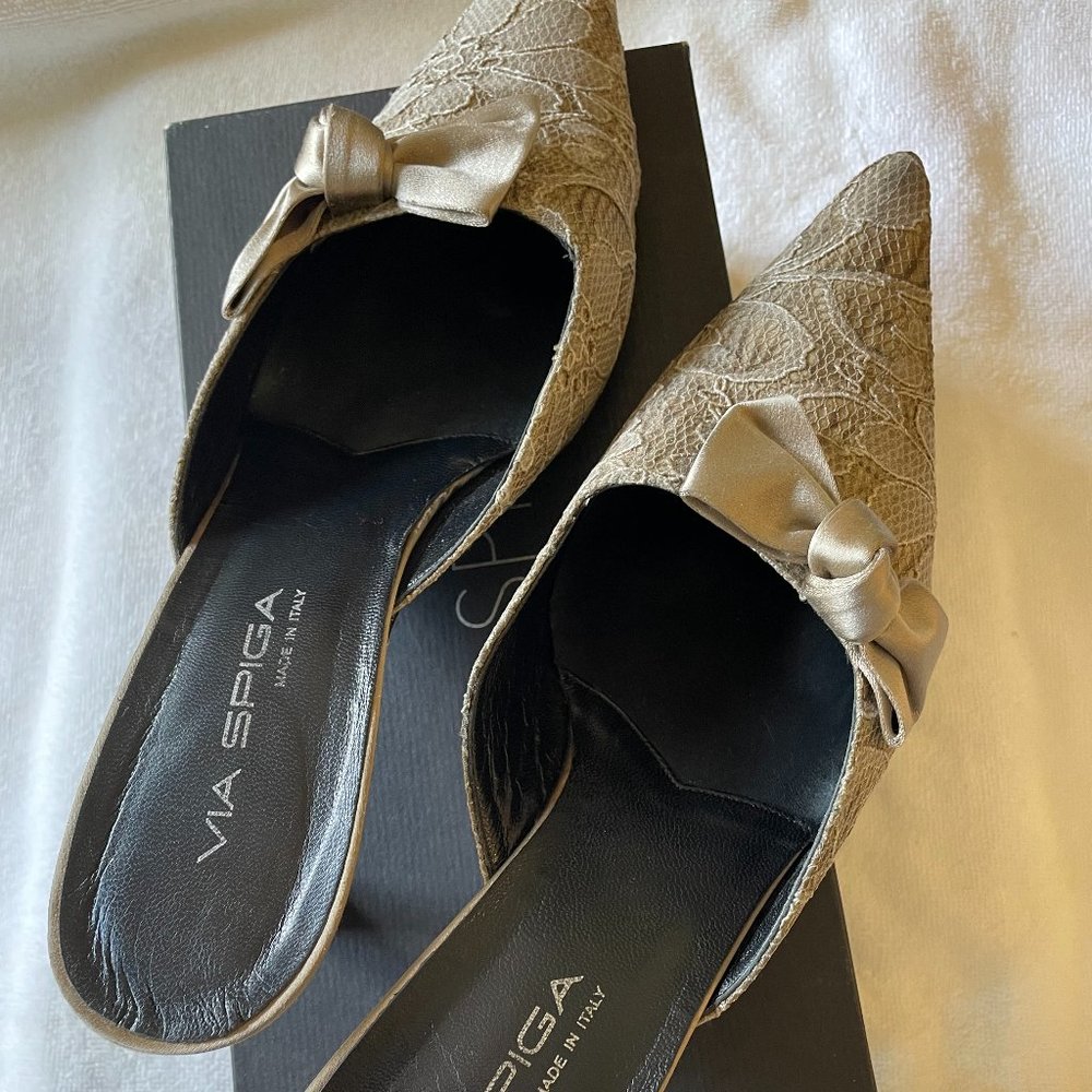 Via Spiga Pewter Lace & Satin Evening Slides sz 11